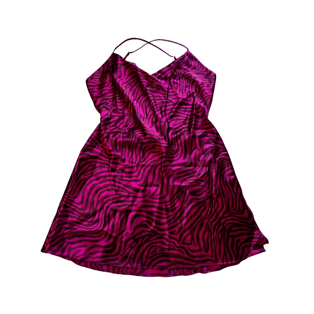 Victorias Secret Pink Zebra Satin Slip Dress Nightgown Large Open X Back Strappy